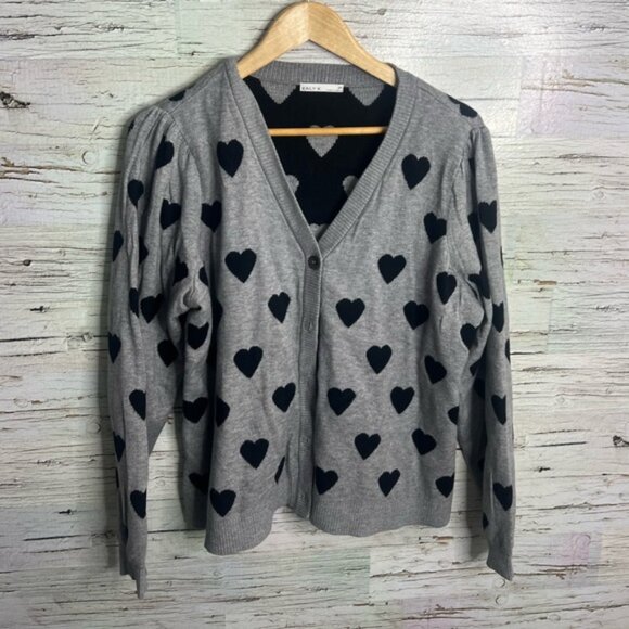 Kaily K Sweaters - Kaily K gray black  with Hearts Knit Long Sleeve Cardigan, Size 1x
